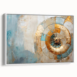 Framed canvas wall art showcasing an abstract design with vibrant strokes and lines in shades of blue and white, displayed from a side view against a neutral background. Ideal for modern home decor.