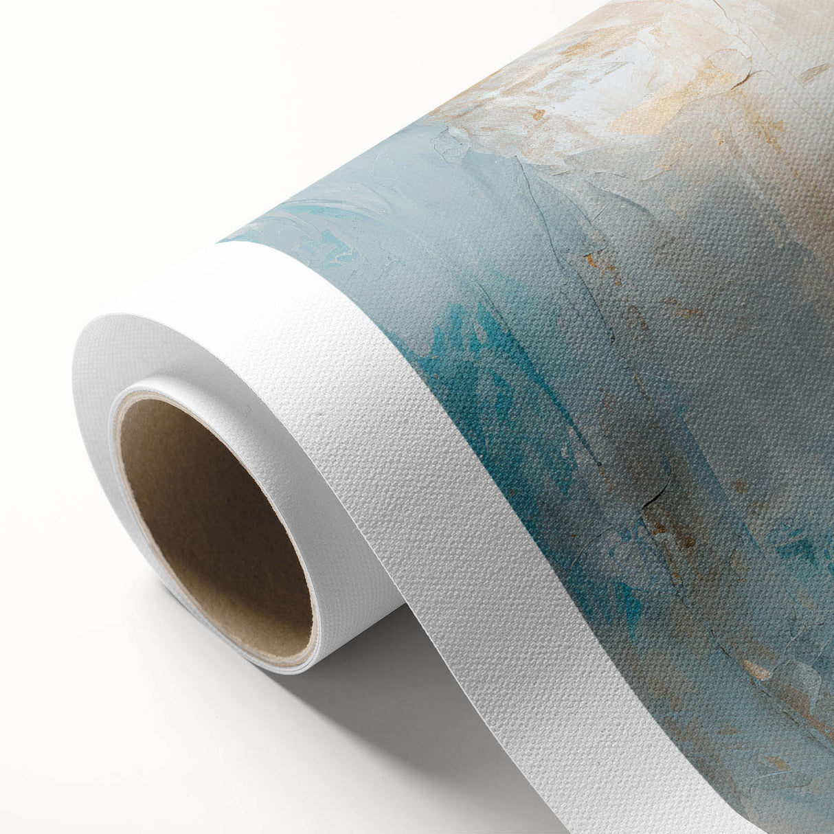 Abstract wall art print featuring colorful strokes and lines in vibrant hues of blue, orange, and yellow on rolled canvas, perfect for modern decor.