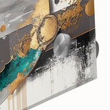 Close-up of an abstract wall art piece showcasing vibrant strokes and lines in various shades of blue and orange, printed on acrylic glass, ideal for modern decor.