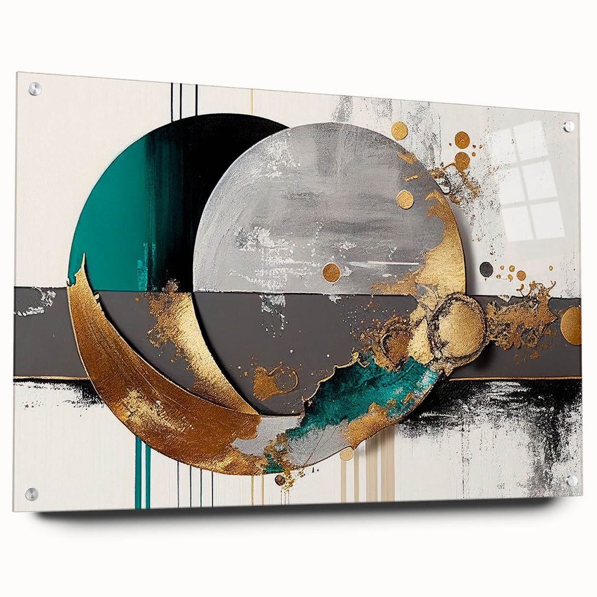 Abstract wall art featuring colorful strokes and lines on acrylic glass, showcasing a modern design with a side view displaying pin mounting, ideal for contemporary decor.