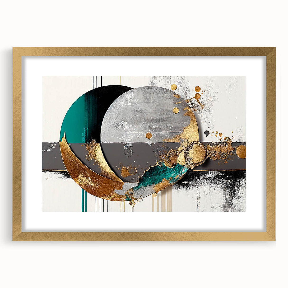 Abstract wall art featuring a dynamic design of colorful strokes and lines in a gold frame with a mat, perfect for modern interior decor. Ideal for enhancing living spaces or offices with a touch of contemporary elegance.