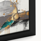 Close-up of a framed abstract wall art piece showcasing vibrant strokes and lines in shades of blue, orange, and gold, perfect for modern home decor.