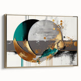 Framed canvas wall art showcasing an abstract design of gold strokes and lines, elegantly capturing modern elegance. Perfect for contemporary home decor.