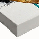 Close-up view of a modern abstract wall art piece showcasing vibrant strokes and lines in a colorful design, printed on stretched canvas for optimal display.