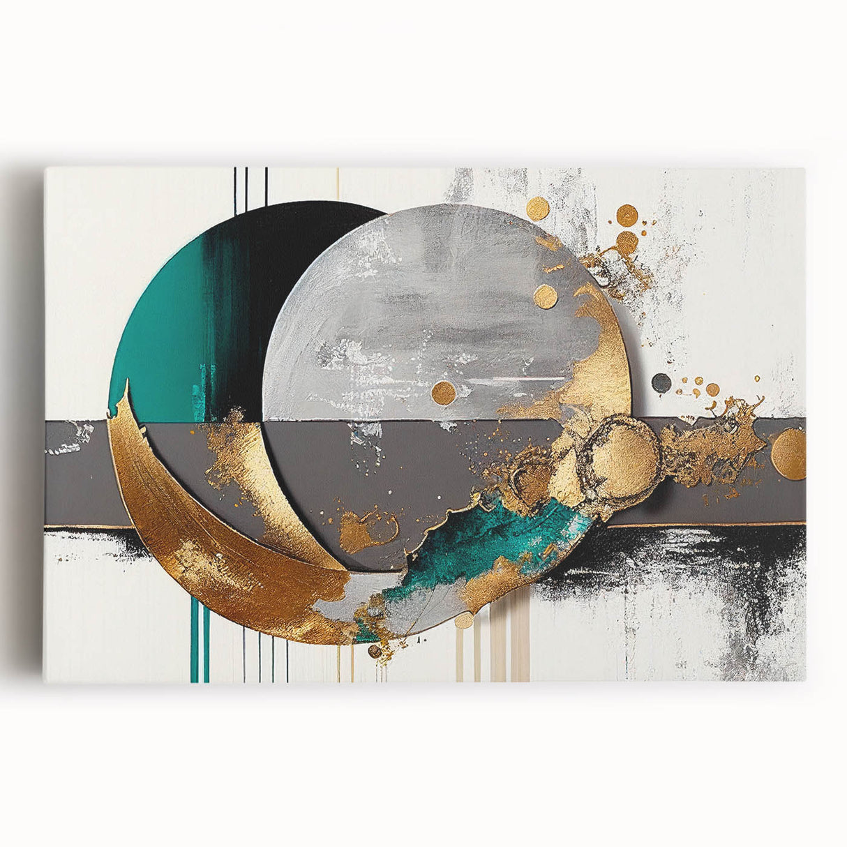 Abstract strokes and lines design on stretched canvas, featuring a vibrant color palette of blues, greens, and golds, ideal for modern home decor and art enthusiasts.
