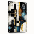 Abstract wall art piece showcasing vibrant strokes and lines in a modern design, displayed in a sleek acrylic glass frame with visible mounting pins, perfect for contemporary home decor.