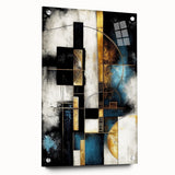 Abstract wall art piece showcasing vibrant strokes and lines in a modern design, displayed in a sleek acrylic glass frame with visible mounting pins, perfect for contemporary home decor.
