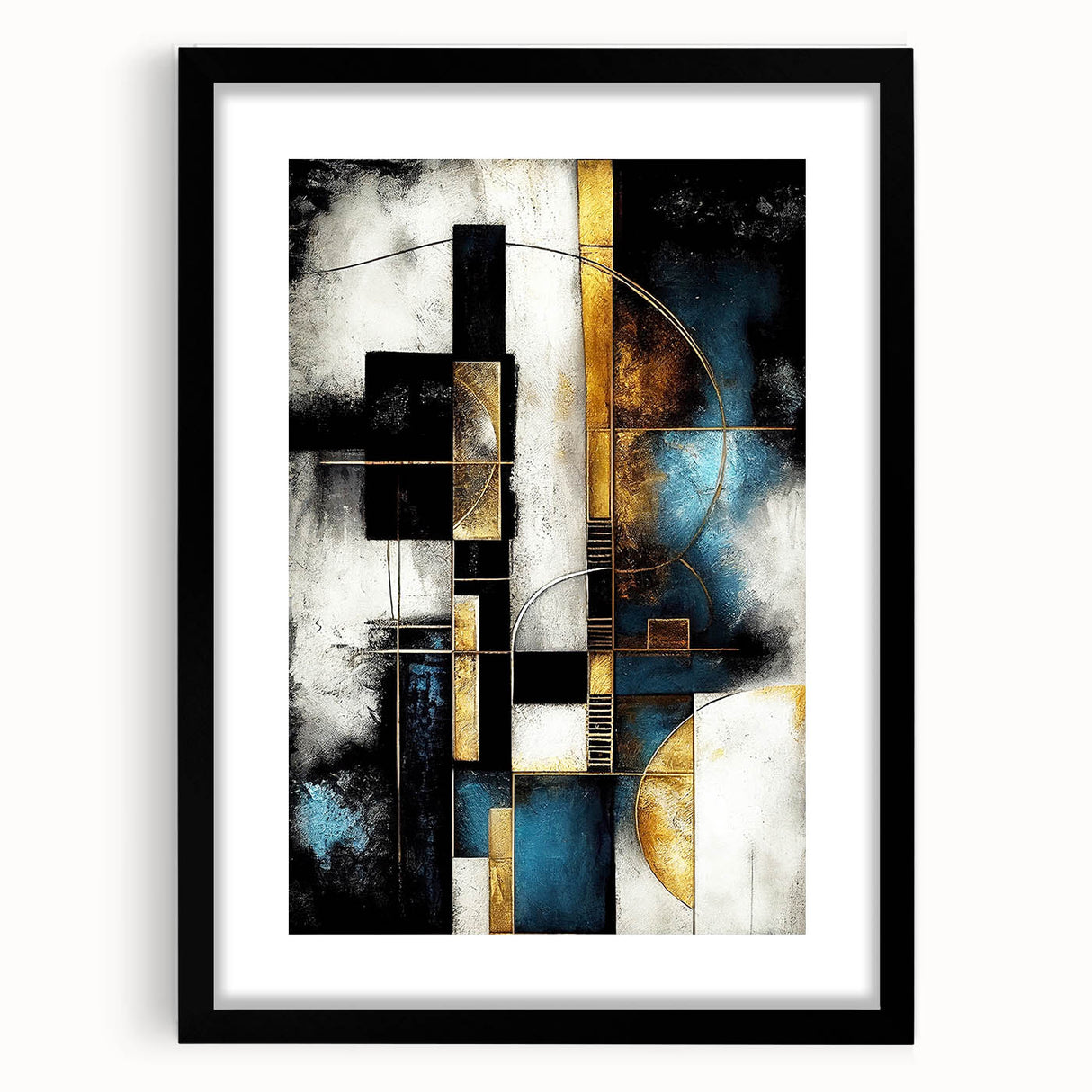 Abstract wall art print featuring dynamic strokes and lines in muted colors, framed with a sleek black border, perfect for modern home decor.