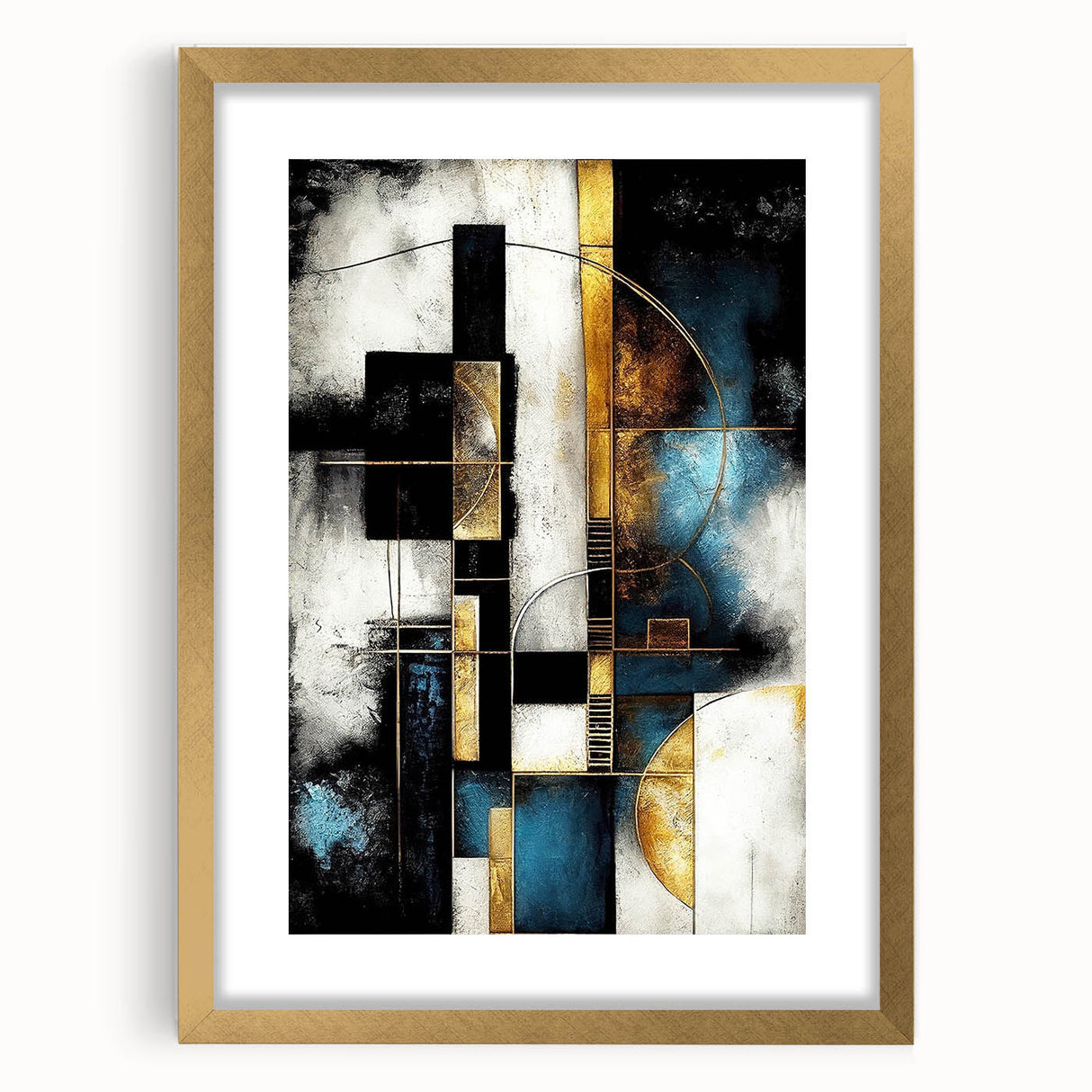 Abstract strokes and lines design wall art in a sleek gold frame with a mat, showcasing a modern aesthetic ideal for contemporary home decor.