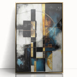 Framed wall art showcasing an abstract design with gold-accented strokes and lines, ideal for modern decor. Perfect for enhancing living space aesthetics.