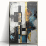 Framed wall art featuring an abstract design of colorful strokes and lines in vibrant hues, set in a sleek silver frame, ideal for modern decor.