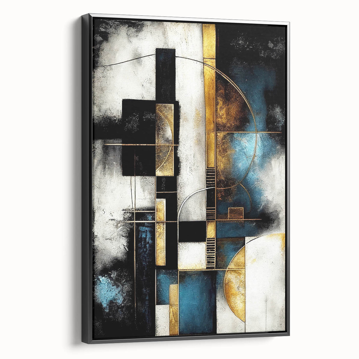 Framed canvas wall art showcasing an abstract design with colorful strokes and lines on a black background, viewed from the side. Ideal for modern decor.