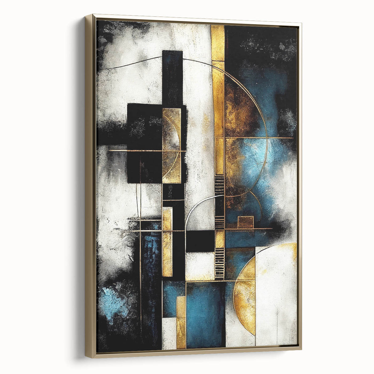 Framed canvas wall art featuring an abstract design with bold strokes and lines in gold, showcasing a modern artistic aesthetic ideal for contemporary decor.
