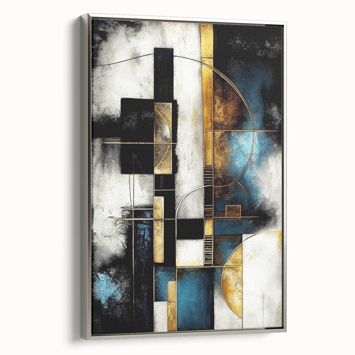 Framed canvas artwork showcasing an abstract design of colorful strokes and lines, set in a sleek silver frame, ideal for modern interior decor.