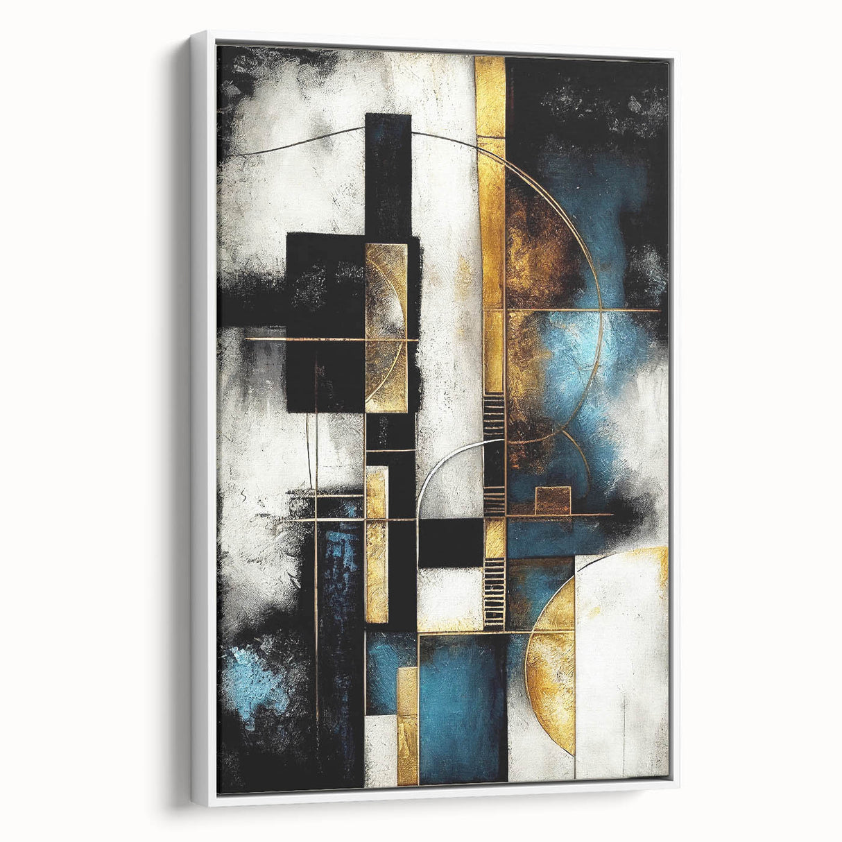 Framed canvas wall art showcasing an abstract design of colorful strokes and lines, displayed in a sleek white frame, adding a modern touch to any interior decor.