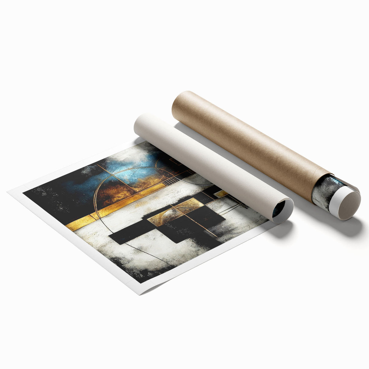 Abstract wall art print featuring colorful strokes and lines in vibrant hues, ideal for modern decor. Packaged securely in a protective cardboard tube for delivery.