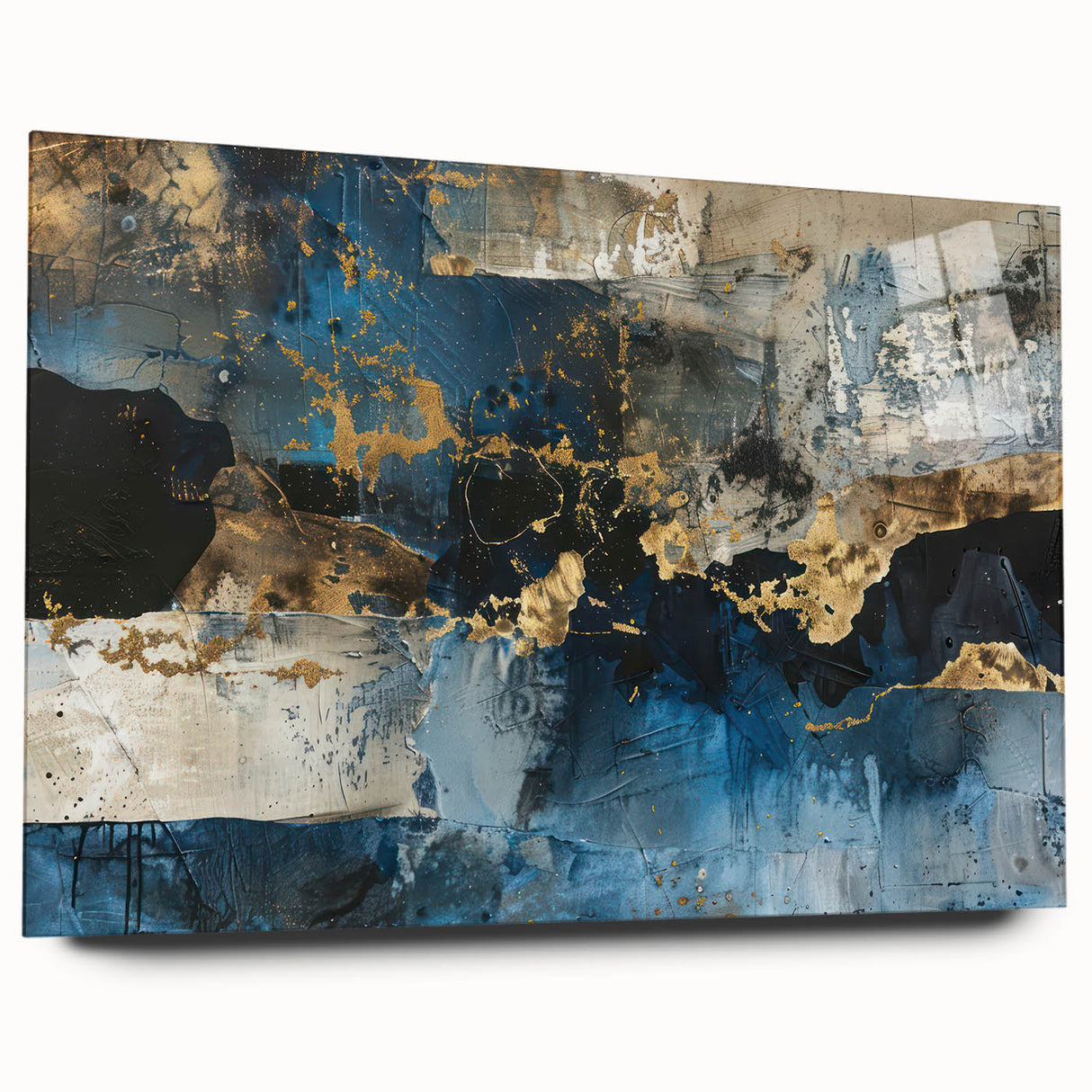 Abstract wall art featuring colorful strokes and lines on acrylic glass, showcasing a modern design suitable for contemporary home decor. The piece highlights vibrant hues and a sleek side view, ideal for enhancing any space with artistic flair.