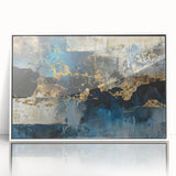 Framed abstract wall art showcasing vibrant strokes and lines in shades of blue, orange, and white, perfect for modern home decor and artistic interiors.