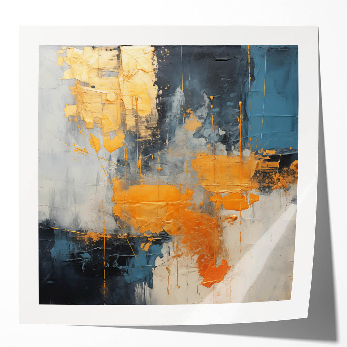 Abstract wall art featuring vibrant strokes and lines in bold colors, showcasing a modern design ideal for contemporary home decor, displayed in a glossy finish.