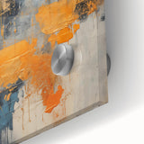 Abstract wall art print showcasing vibrant strokes and lines in a mix of blue, orange, and yellow hues, designed for modern decor, featuring a glossy acrylic finish.