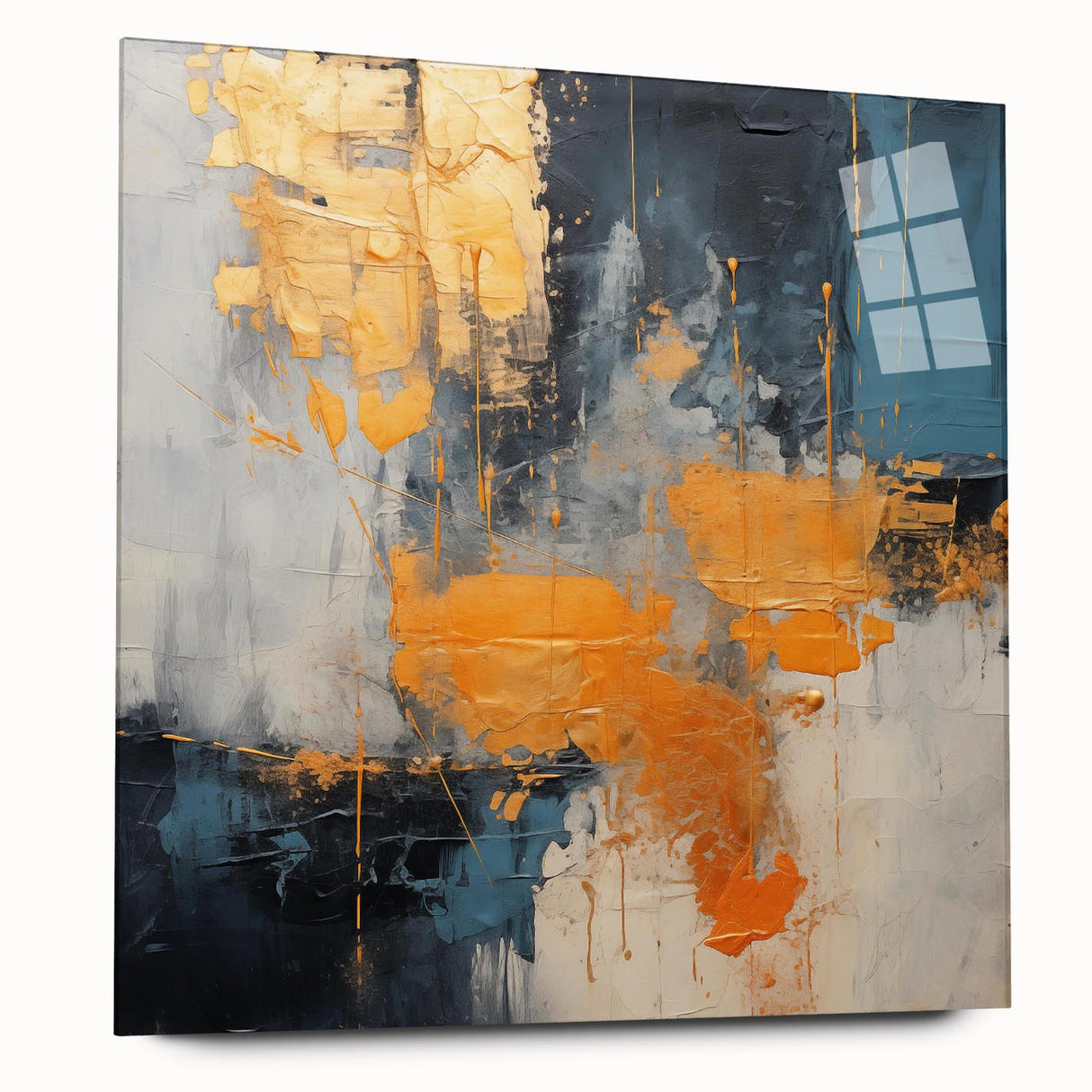 Abstract wall art featuring vibrant strokes and lines in a dynamic composition, designed for a modern aesthetic. The piece is displayed in a side view, showcasing its acrylic glass finish and sleek design, perfect for contemporary home decor.