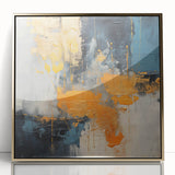 Framed wall art featuring an abstract design with bold gold strokes and intricate lines, set against a neutral background, perfect for modern decor.