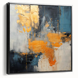 Framed canvas wall art showcasing an abstract design with vibrant strokes and lines in shades of black and white, perfect for modern home decor.