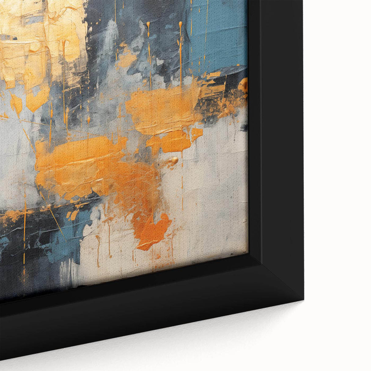 Close-up of a framed abstract wall art piece showcasing vibrant strokes and lines in shades of blue, orange, and white, perfect for modern decor.