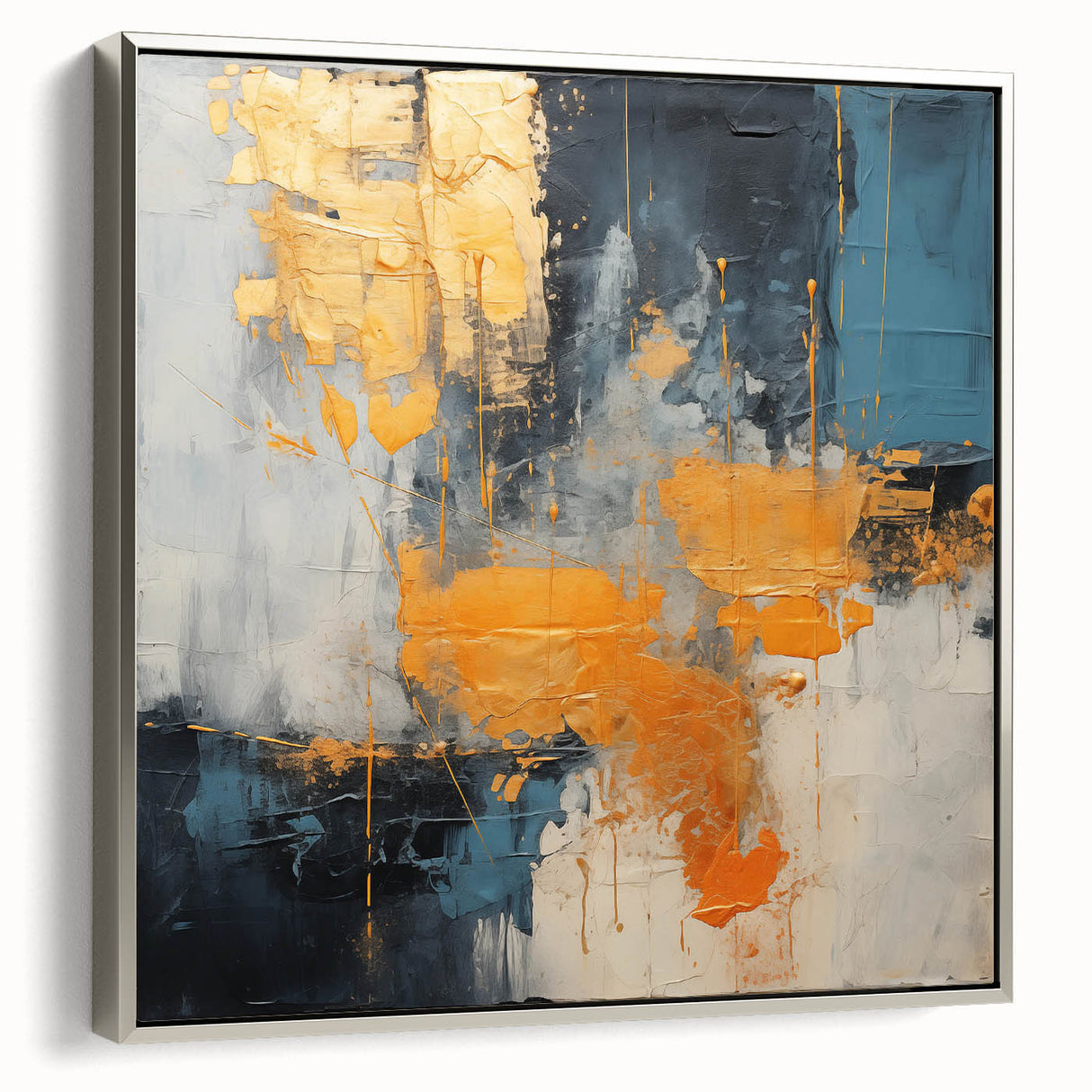 Framed canvas wall art featuring an abstract design of strokes and lines in silver and gray tones, perfect for modern home decor. Side view showcases the elegant frame and artistic details.
