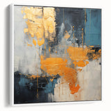 Framed canvas wall art showcasing an abstract design with colorful strokes and lines, featuring a white frame, perfect for modern interior decor.