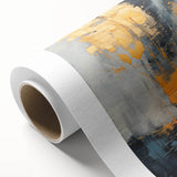 Abstract strokes and lines in vibrant blue, gold, and white create a modern artistic design on this rolled canvas wall art, perfect for contemporary decor.