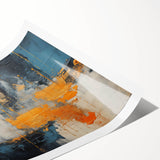 Abstract wall art print showcasing vibrant strokes and lines in shades of blue, orange, and yellow, ideal for modern home decor. This rolled design adds a contemporary touch to any space.