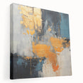 Stretched canvas wall art showcasing an abstract design with vibrant strokes and lines in hues of blue, orange, and yellow, perfect for modern decor and artistic interiors.