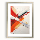 Abstract wall art featuring a modern design with strokes and lines in muted colors, framed in silver with a mat, ideal for contemporary home decor.