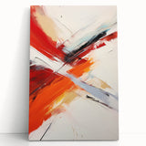 Abstract strokes and lines design in vibrant colors on stretched canvas wall art, showcasing a modern aesthetic perfect for contemporary spaces. This artwork leans against a neutral wall, emphasizing its dynamic composition and bold hues.