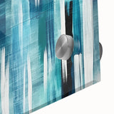 Abstract wall art featuring vibrant strokes and lines in shades of blue, orange, and yellow on acrylic glass, showcasing a modern design ideal for contemporary decor.