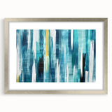 Abstract wall art featuring vibrant strokes and lines in a mix of blue, gold, and white, framed with a silver mat, perfect for modern home decor.