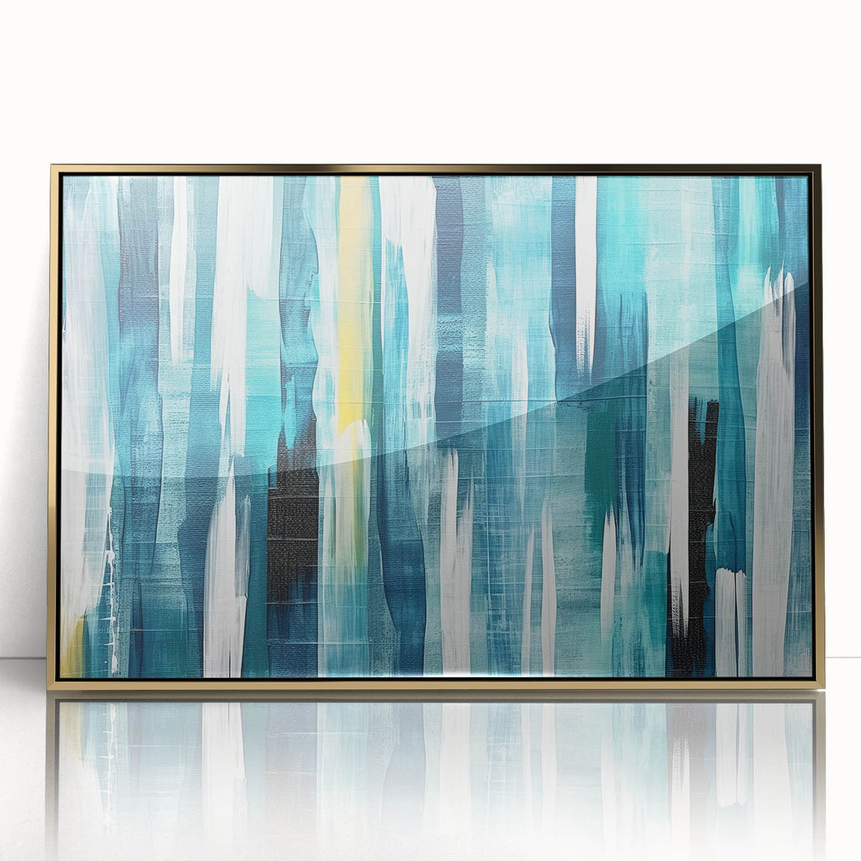 Framed acrylic wall art featuring an abstract design of golden strokes and lines, showcasing a modern aesthetic perfect for contemporary decor. The artwork's elegant gold hues and fluid patterns create a striking focal point for living spaces.