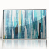 Framed wall art showcasing an abstract design of colorful strokes and lines in varying thicknesses, set against a clean white background, ideal for modern decor.