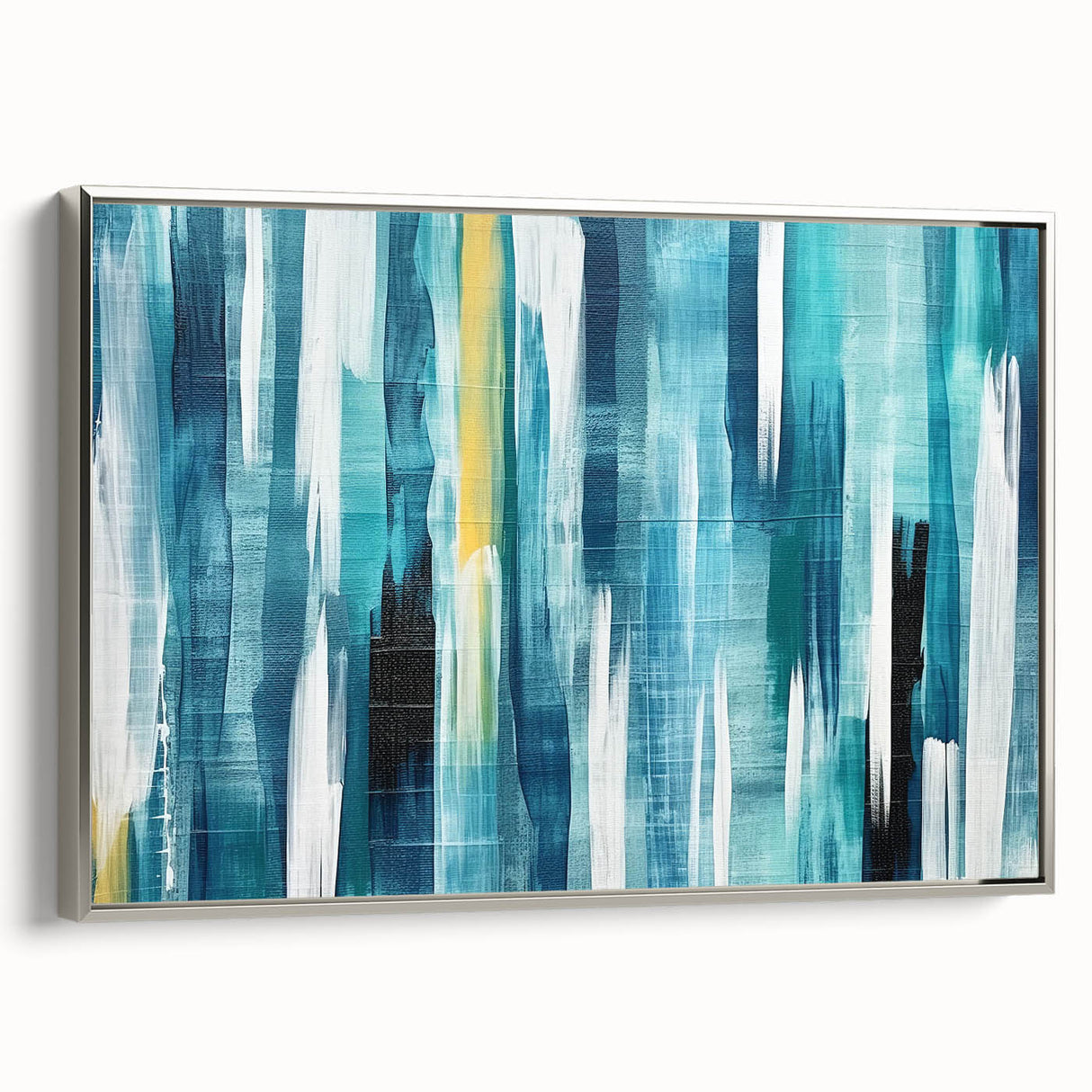 Framed wall art featuring an abstract design of colorful strokes and lines, presented in a sleek silver frame, ideal for modern home decor. The artwork showcases vibrant hues that evoke a sense of creativity and energy, perfect for enhancing any living space.