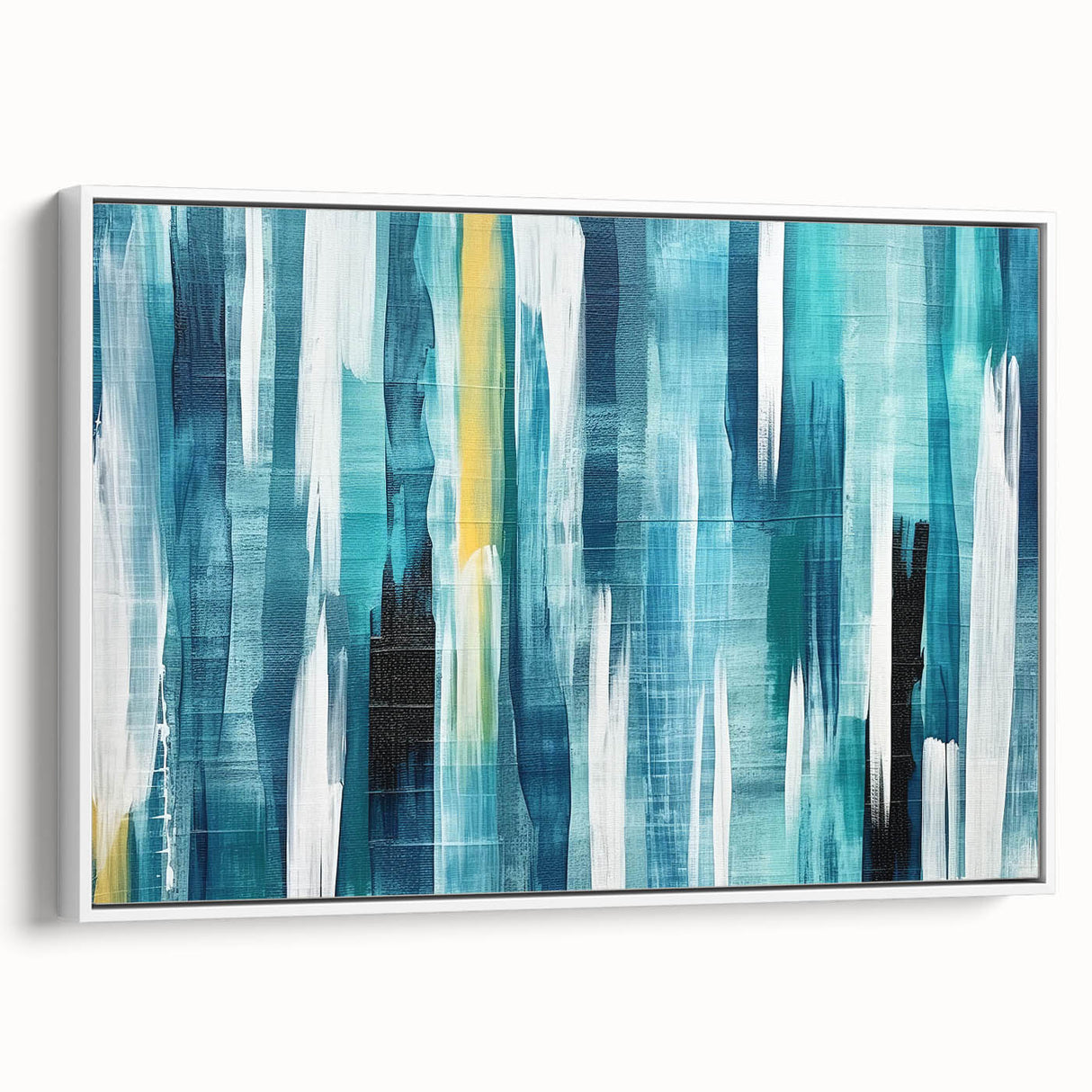 Framed canvas wall art showcasing an abstract design of colorful strokes and lines, set against a white background, ideal for modern home decor.