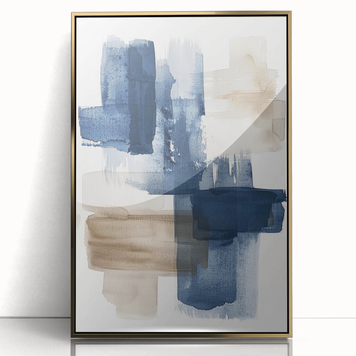 Framed wall art featuring an abstract design of gold strokes and lines, elegantly displayed against a sleek background, perfect for modern home decor.
