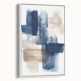 Framed canvas wall art featuring an abstract design of colorful strokes and lines, displayed in a modern white frame, perfect for contemporary home decor.