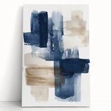 Abstract wall art design showcasing vibrant strokes and lines in shades of blue, orange, and yellow on a stretched canvas, ideal for modern home decor.