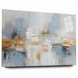 Abstract wall art featuring vibrant strokes and lines in a mix of blue, yellow, and pink colors, showcased in a stylish acrylic glass frame with visible mounting pins. Perfect for modern home decor and artistic interior design.