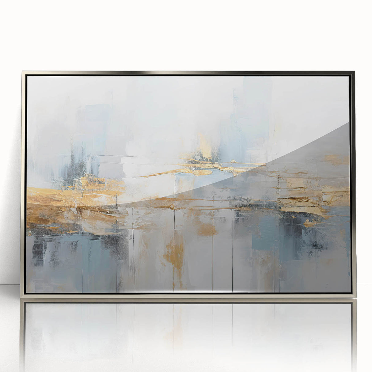 Framed acrylic wall art showcasing an abstract design with dynamic silver strokes and lines, ideal for modern home decor and stylish interior accents.