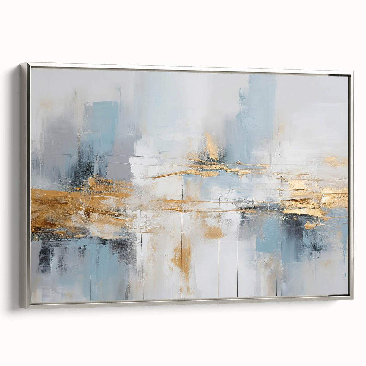Framed canvas wall art displaying an abstract design of strokes and lines in silver tones, showcasing a modern aesthetic that enhances contemporary decor.