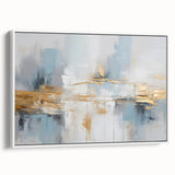 Framed canvas art showcasing an abstract design with dynamic strokes and lines in soothing white and gray tones, perfect for modern home decor.