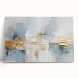 Abstract canvas wall art showcasing vibrant strokes and lines in shades of blue, orange, and white, perfect for modern home decor or office spaces.