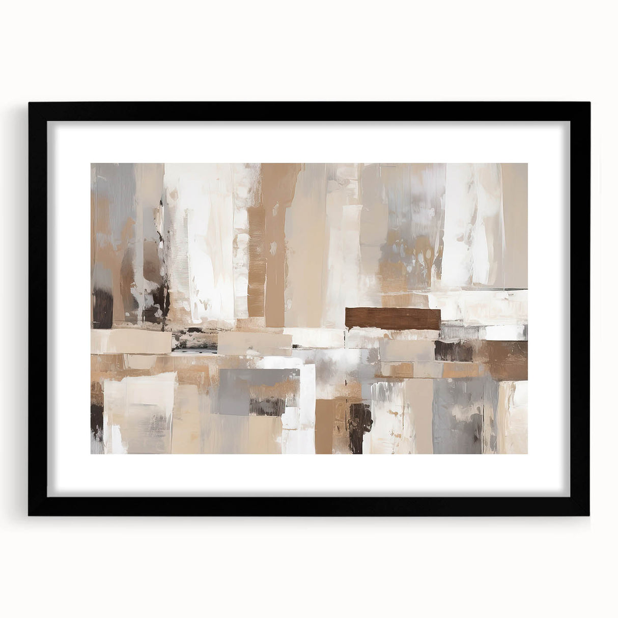 Abstract wall art featuring dynamic strokes and lines in a harmonious color palette, framed with a sleek black matte finish, ideal for modern decor.